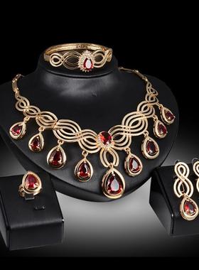 欧美时尚夸张耳环项链套装镶宝石水钻锁骨链女礼服宴会新娘饰品