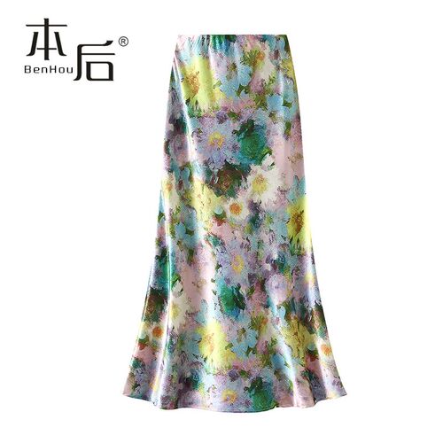 9861-2薄款晕染油画风鱼尾裙半身裙春夏女长裙新款气质包臀中长裙