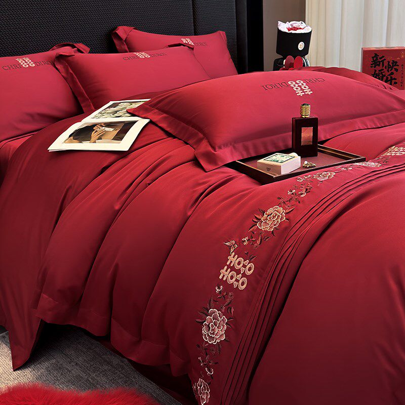 中式喜字结婚四件套大红t色新婚陪嫁被套婚庆床上用品婚房喜被