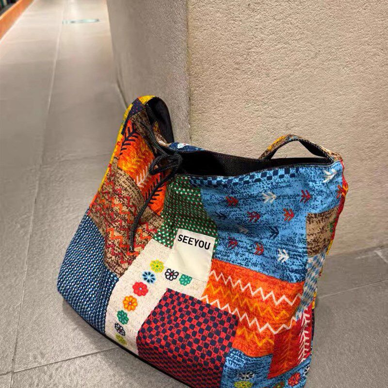 新款复古民族风拼贴撞色双面牛仔布包单肩斜挎包小个子帆布包包女