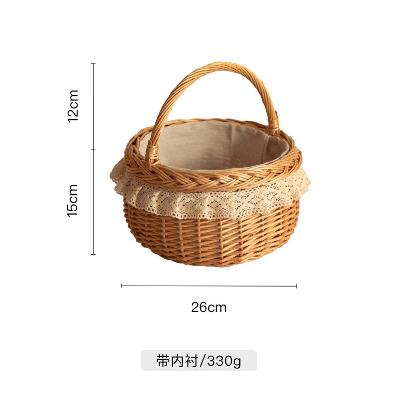 柳编编织手提野餐篮田园风蕾丝布艺收纳篮竹编收纳筐藤编储物篮子