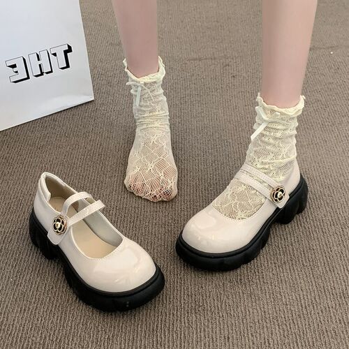 2025b春秋新款法式厚底日系山茶花玛丽珍小皮鞋女漆皮学生浅口单