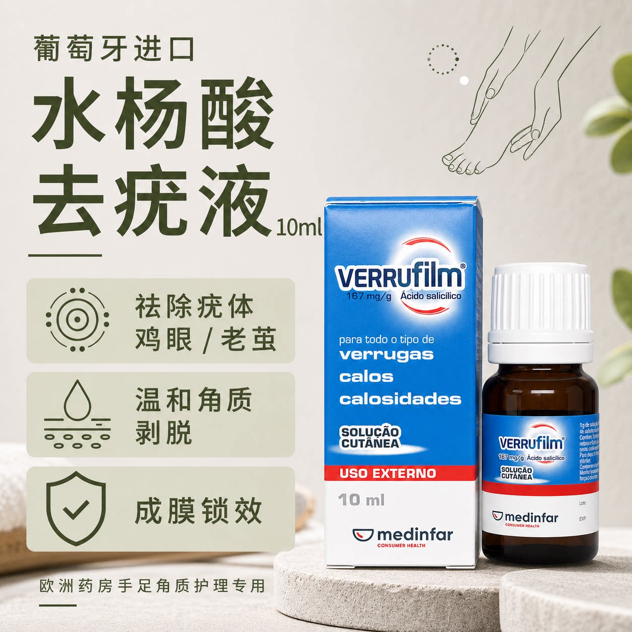 进口乐飞水杨酸去疣液跖疣去根病毒疣连根拔根除神器鸡眼医用药水