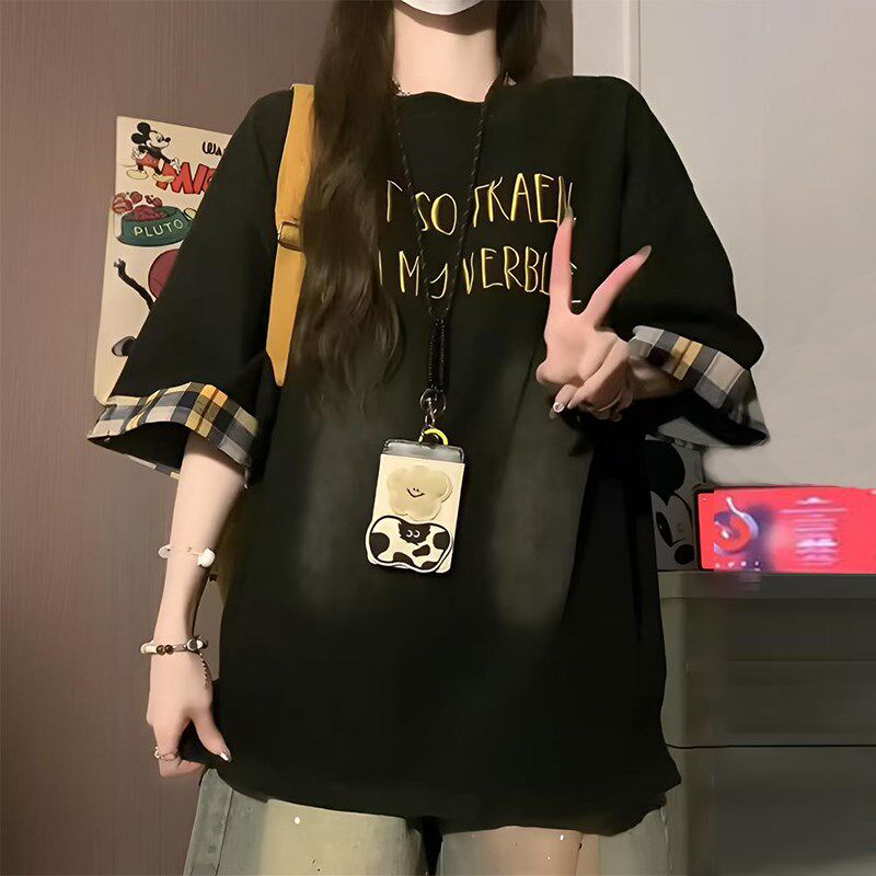 300斤大码美式格子拼接黑色学生短袖t恤女胖mm遮肚子显瘦半袖上衣