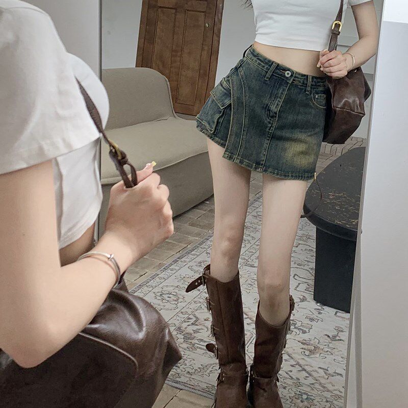 复古牛仔半身裙女夏季不规则小众包臀裙子高腰a字短裙防走光裙裤