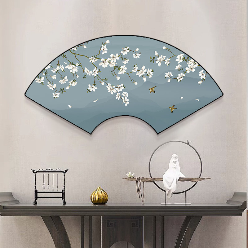 新中式装饰画扇形背景墙壁画卧室床头H扇面挂画饭店餐厅民宿墙面