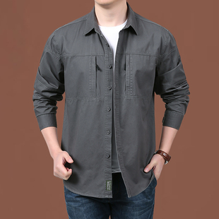 双拉链大口袋!!春季新款男士工装长袖衬衫R大码中青年衬衣薄