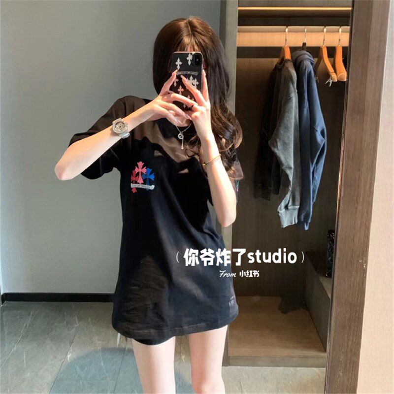 十字架彩色印花短袖T恤女夏季小众设计感休闲百搭情侣中长款上衣