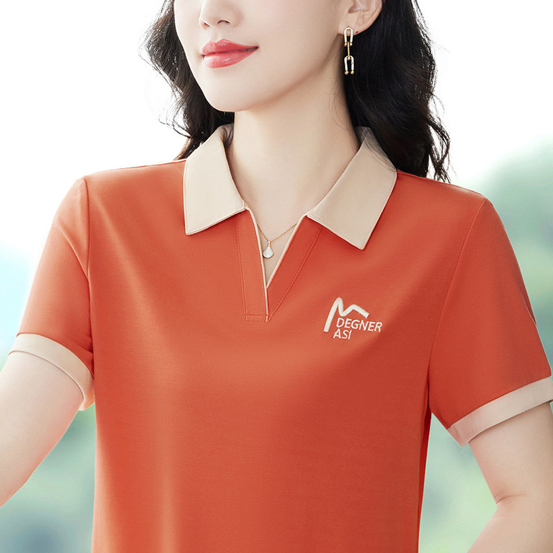 纯棉翻领t恤女2024年新款中年妈妈大码夏装休闲上衣服