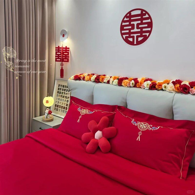 新中式结婚四件套全棉2024新款红色被套婚庆S床单婚嫁床上用品
