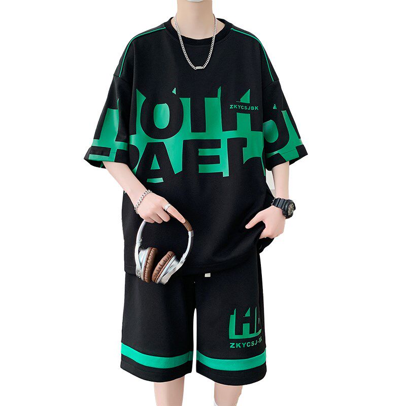 青少年夏季新款男士夏季宽松潮流帅气韩版男生印花运动休闲套装
