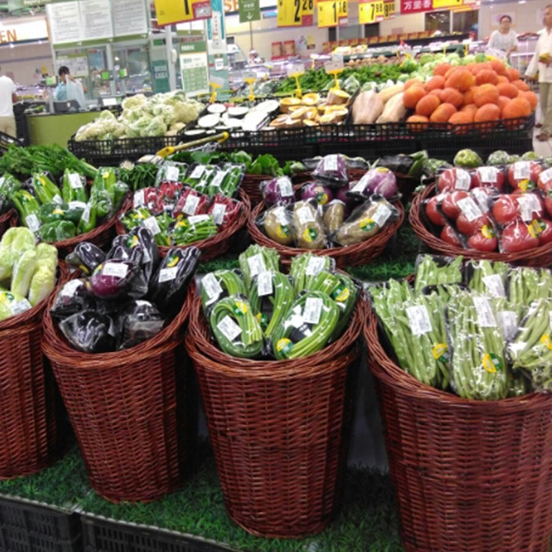 藤编圆形超市堆头筐大小号水果篮干果陈列盘蔬菜收纳筐柳编展示筐