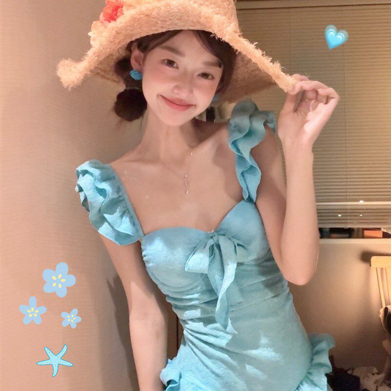 甜美保守连体泳衣女学生钢t托聚拢显瘦遮肉荷叶边显白小胸聚拢花