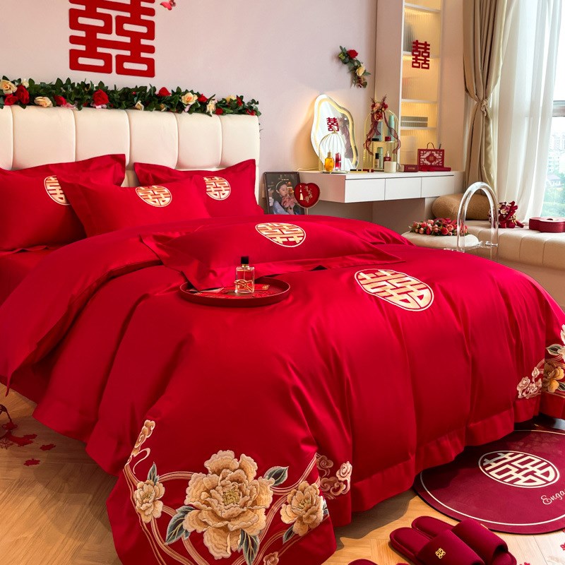 刺绣结婚四件h套中式被套喜庆新婚婚庆陪嫁床上用品