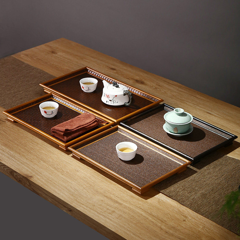 日式竹篾藤席茶盘 m竹制席面干泡壶承 家用沥水茶具茶杯托盘长方