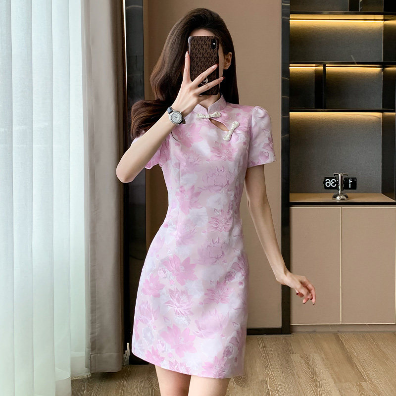 2024新款夏季气质显瘦小个子短款新中式国风旗袍连衣裙收腰裙子女