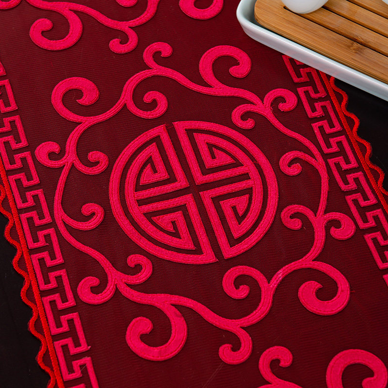 新中式婚礼桌旗乔迁绒布刺绣蕾丝茶几布婚K礼订婚喜庆结婚长条桌