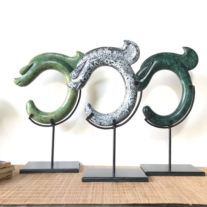 简约现代玄关石材新C龙 家y居饰品绿色玉璧客厅摆件黑色玉猪龙