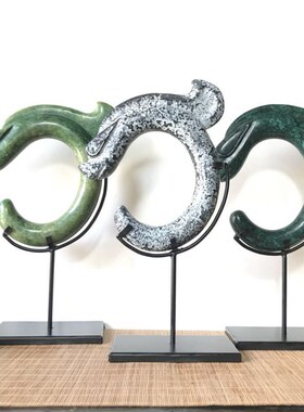 简约现代玄关石材新C龙 家y居饰品绿色玉璧客厅摆件黑色玉猪龙