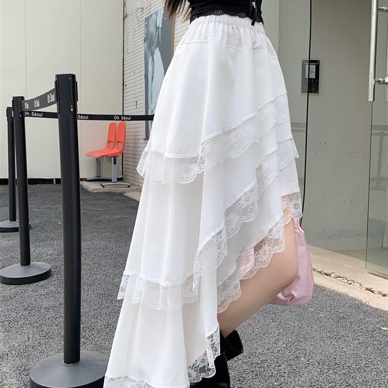 设计感不规则白色蕾丝边半身裙女夏季小众高腰显瘦蛋糕裙A字裙子