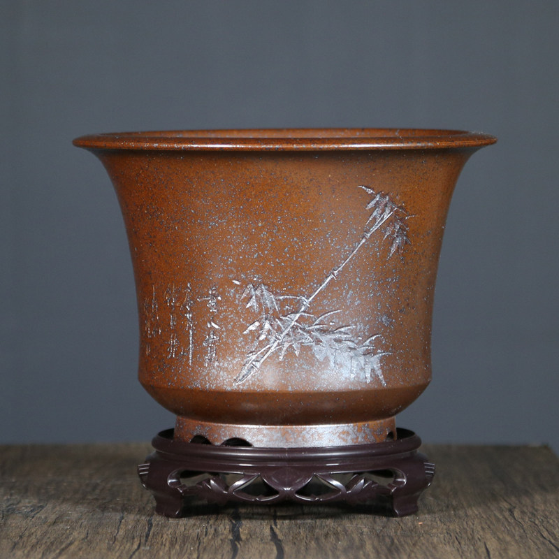 柴烧紫砂花盆兰花花盆 盆景盆中等 桌面室内古典精品刻绘透气花盆