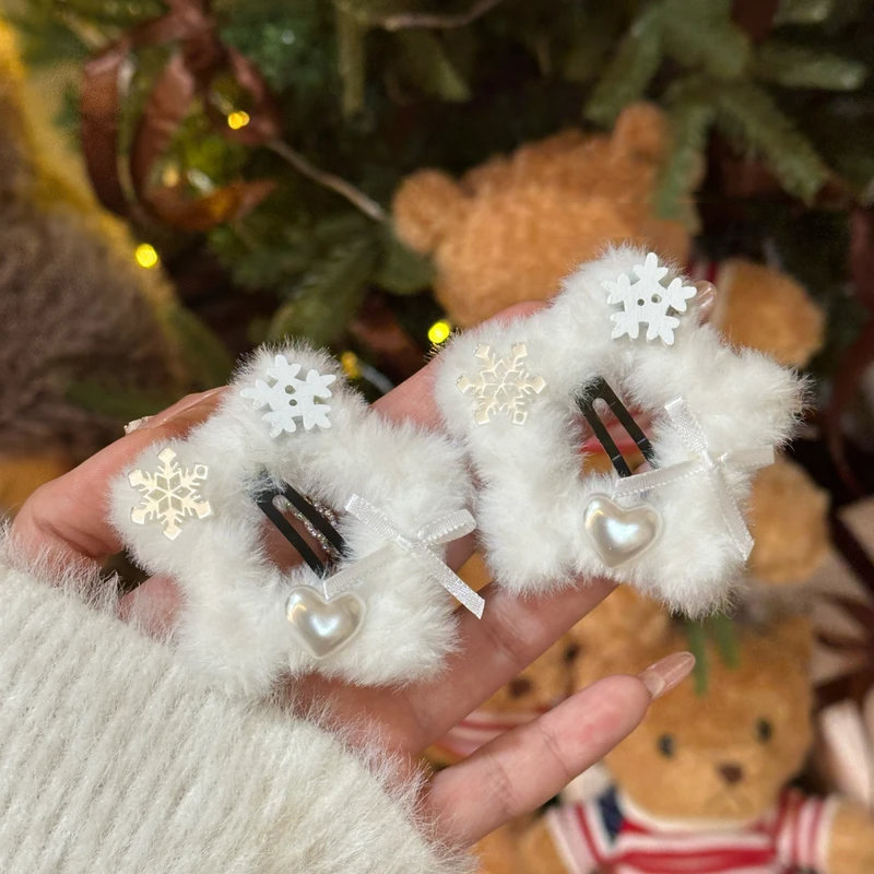 冬日氛围感纯白雪花五角星星毛绒绒BB夹可爱甜美侧边边夹刘海夹女