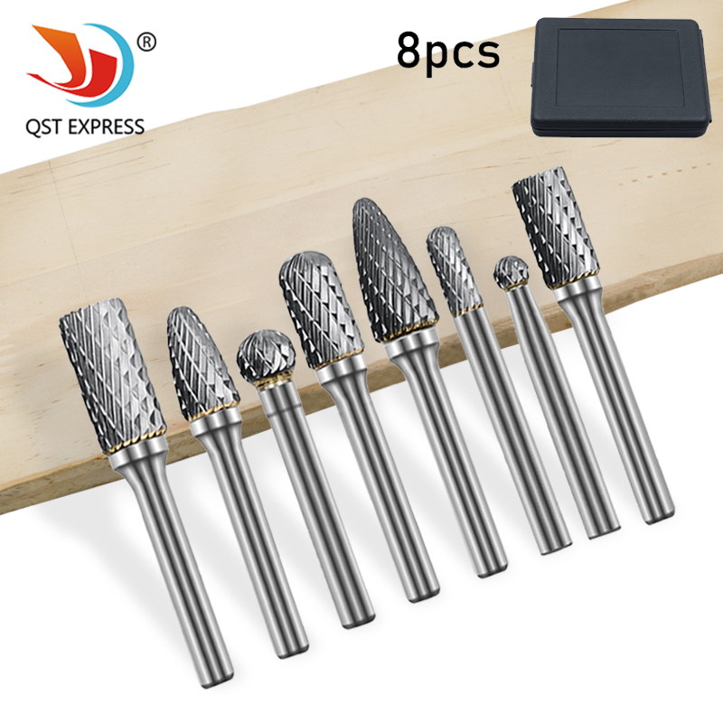 双槽旋转锉刀钨钢磨头8件套 硬质合金打磨头旋转锉 钨钢铣刀套装