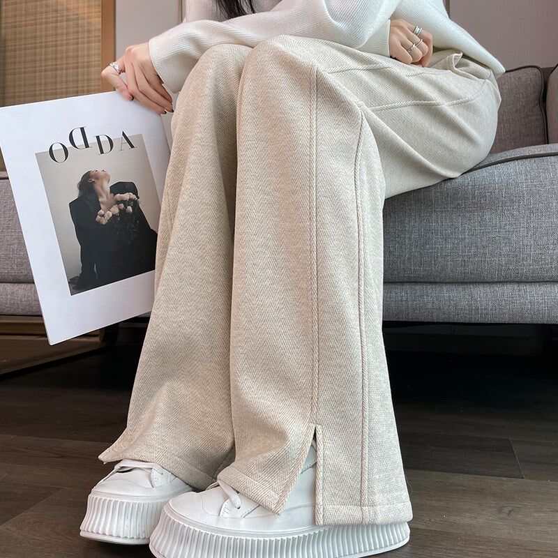 秋冬加绒加厚窄版阔腿裤女初中高中学生休闲直筒大码开叉毛呢裤子