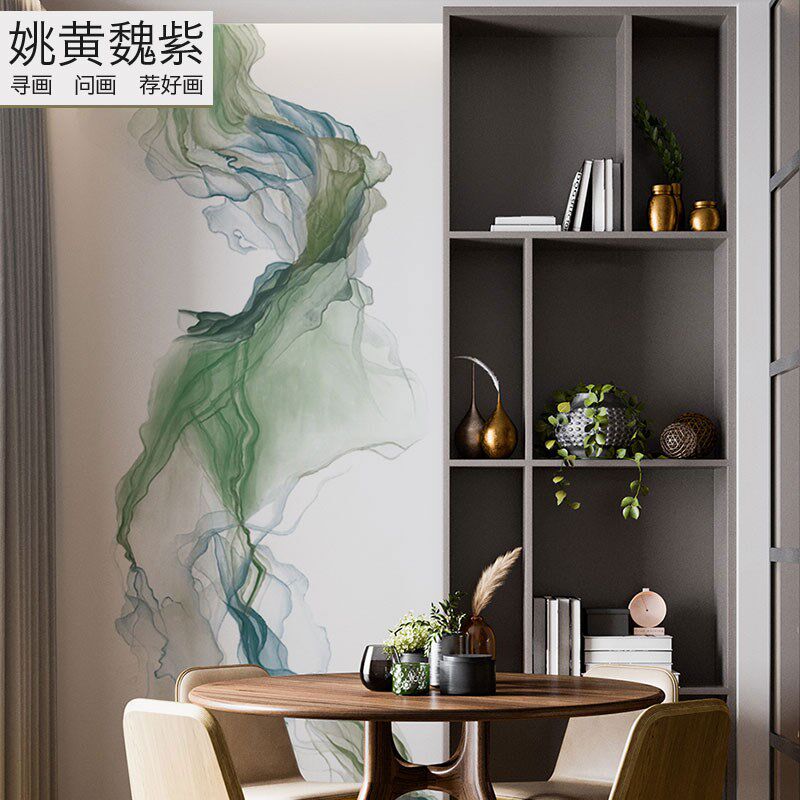 入户迎门a墙壁纸新款复式楼挑高背景墙中式极简线条绿色展厅壁布