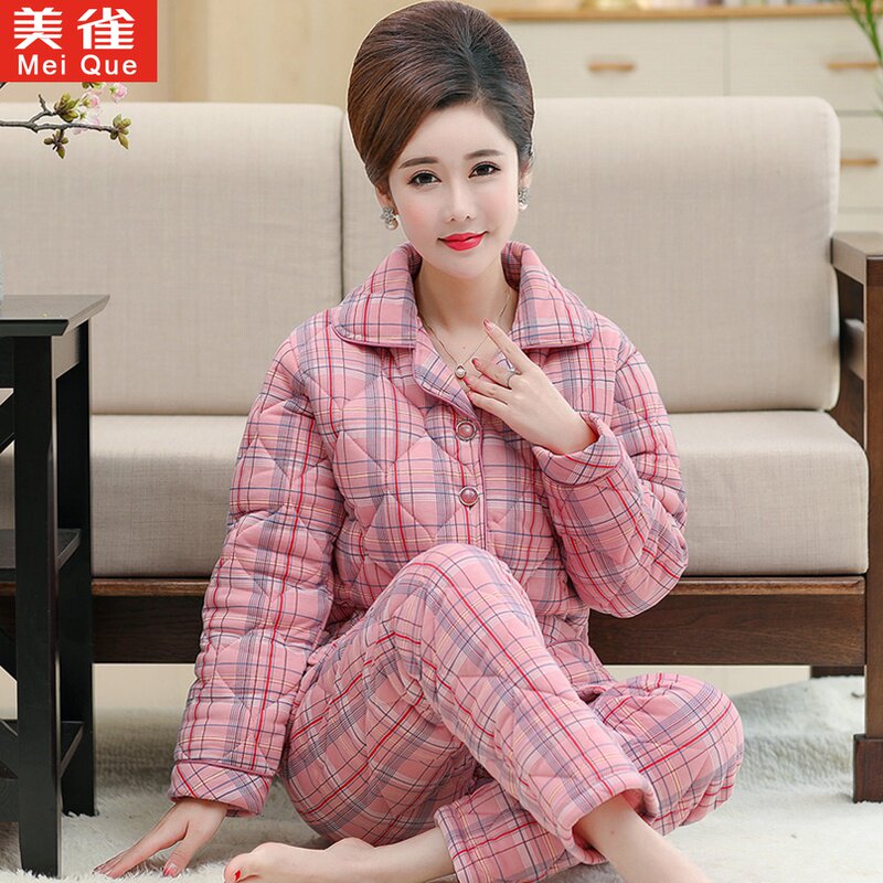 冬季中年妈妈睡衣女三层夹棉加厚纯棉秋冬家居服中老年人全棉套装
