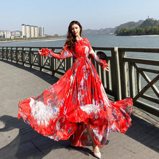 夏季女装新款及到脚踝大摆雪纺仙气超仙超长款大码沙滩连衣裙长裙