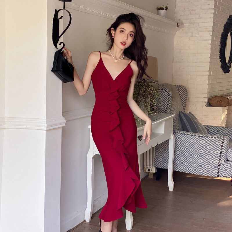 鱼尾敬酒服新娘酒红色高级感吊带小个子结婚礼服订婚连衣裙高端夏