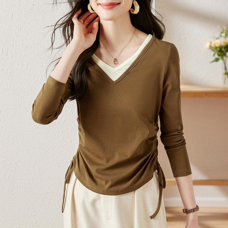 长袖t恤女v领打底衫2024年新款春季薄款洋气内搭外穿修身体恤上衣