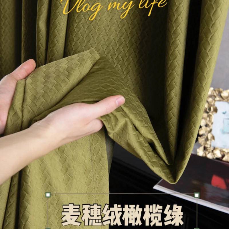北欧橄榄绿窗帘轻奢丝绒布遮光客厅卧室落地窗简约天鹅绒高档布帘