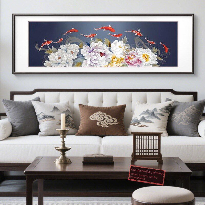牡丹花新中式客厅卧室装饰画大y气九鱼图招财挂画红木沙发背景壁