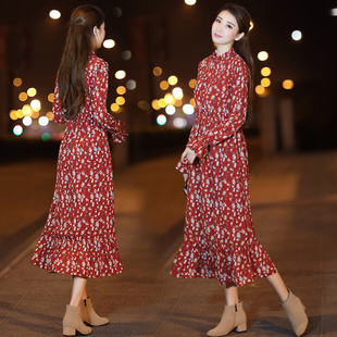 打底裙女冬季 2021秋冬新款 长款 长裙加绒加厚秋季 连衣裙小碎花长袖