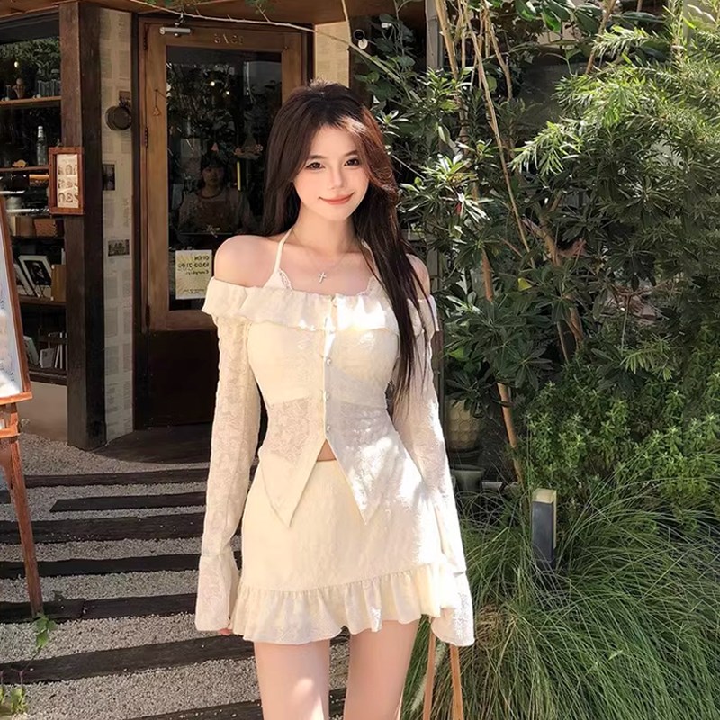 法式纯欲辣妹三件套蕾丝开衫上衣吊带背心半身短裙设计感时尚套装