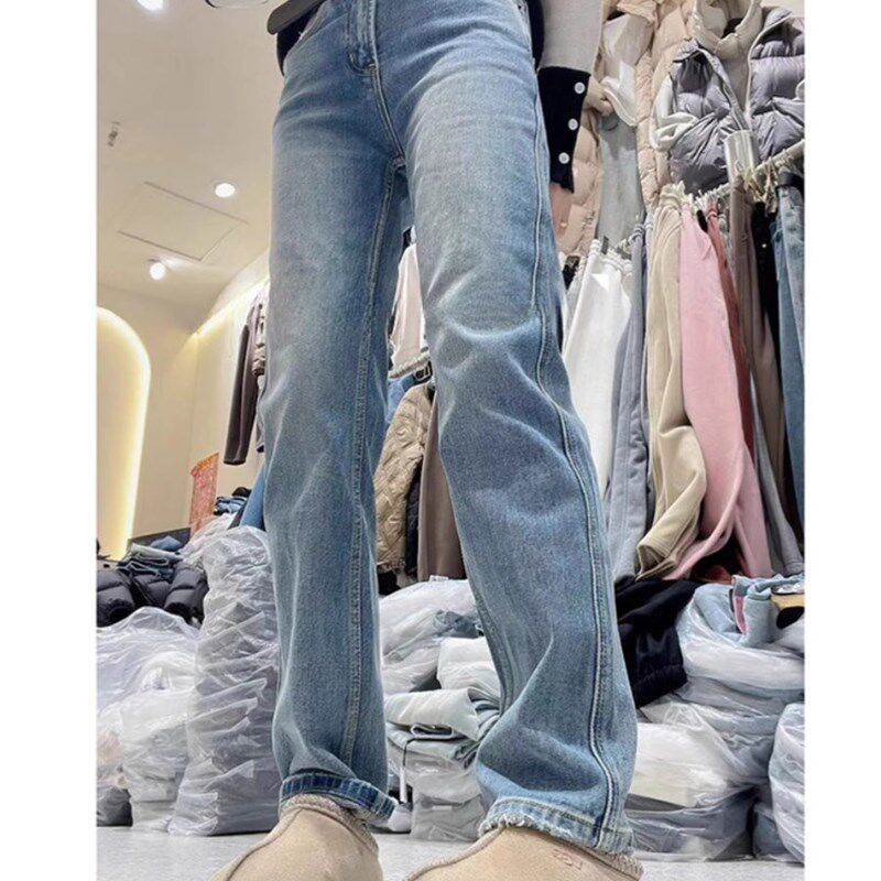 大码女装2024春季新款窄版直筒蓝色牛仔裤胖mm显瘦高腰弹力长裤子