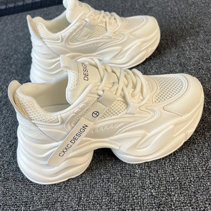 老爹鞋女款2025新款春夏季厚底内增高女鞋休闲运动小白鞋网面透气