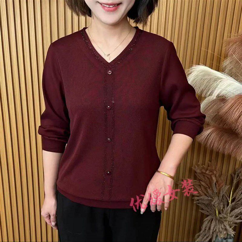 春季新款时尚百搭气质显瘦V领纯色长袖上衣洋气减龄遮肉显瘦打底