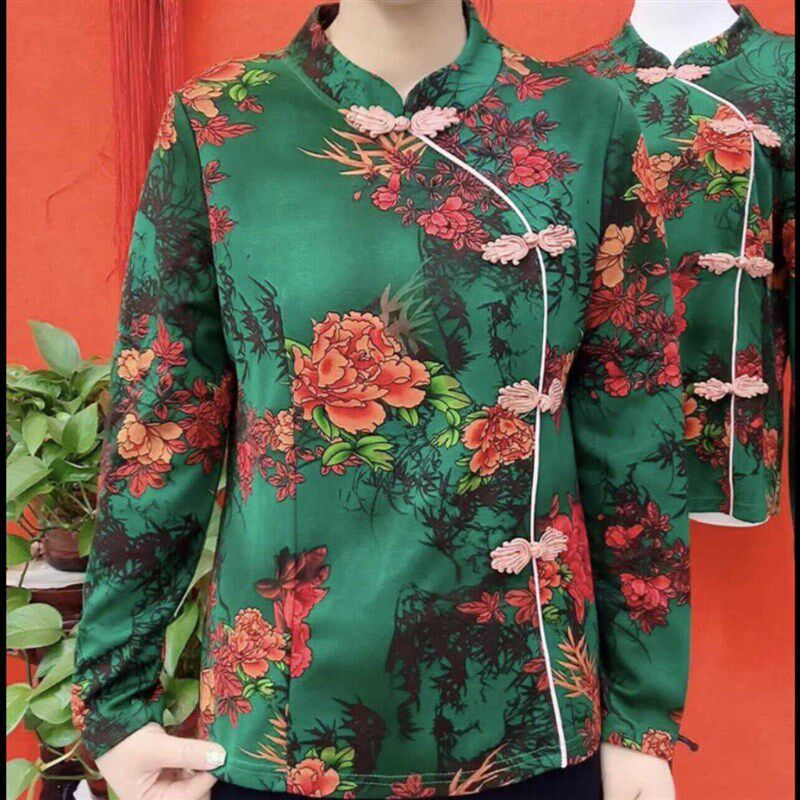 春秋网红薄款中国风改良旗袍上衣牡丹印花复古气质高档中老年小衫
