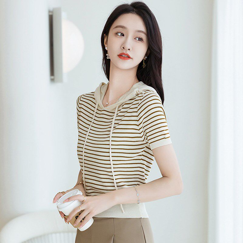 条纹连帽短袖t恤女夏季薄款冰丝针织衫 小个子气质短款上衣高级感