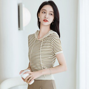 条纹连帽短袖t恤女夏季薄款冰丝针织衫 小个子气质短款上衣高级感