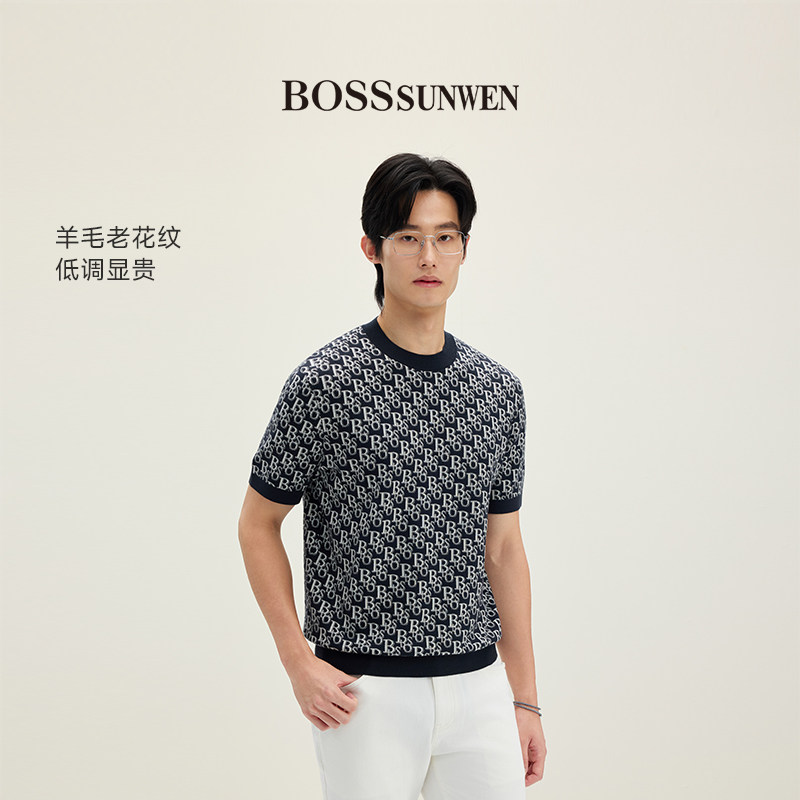 BOSSSUNWEN/博斯·绅威短袖羊毛衫男商务圆领针织衫亲肤不易变形