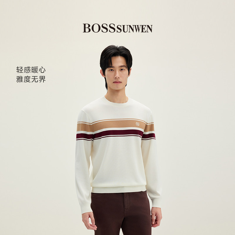 BOSSSUNWEN/博斯·绅威男士圆领拼色条纹针织衫精梳学院风毛衣