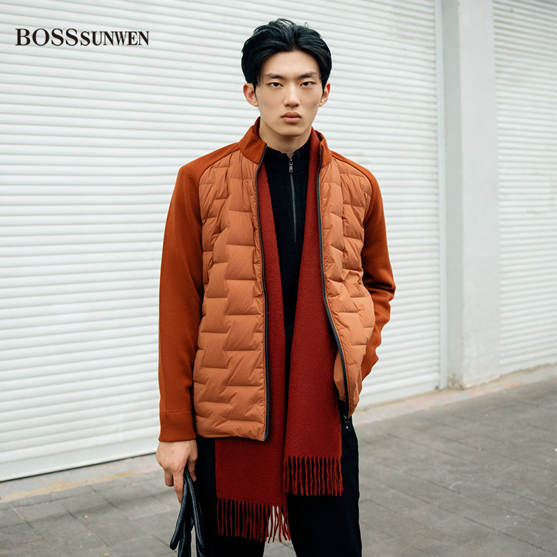 BOSSSUNWEN博斯绅威保暖厚款拉链外套男士羊毛针织拼接鹅绒羽绒服