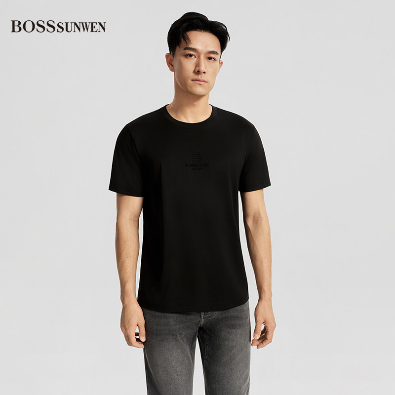 BOSSSUNWEN短袖T恤男黑色圆领丝滑透气时尚休闲凉感防晒套头图片
