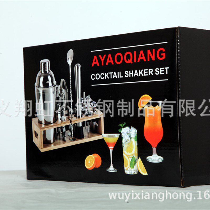 不锈钢调酒器套装长方形竹架1z3件套雪克杯鸡尾酒调酒杯酒吧酒具