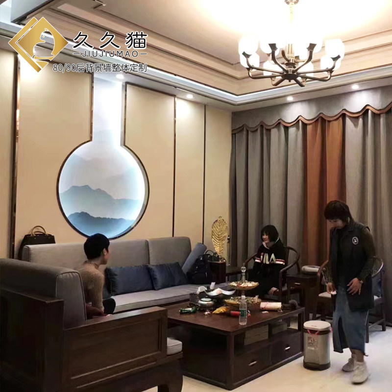 新中式别墅原木沙发背景墙v实木整装定制红胡桃木护墙板花格边框