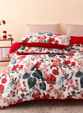 乐优公主100支k长绒棉结婚四件套大红色被套床单喜被婚庆床上用品